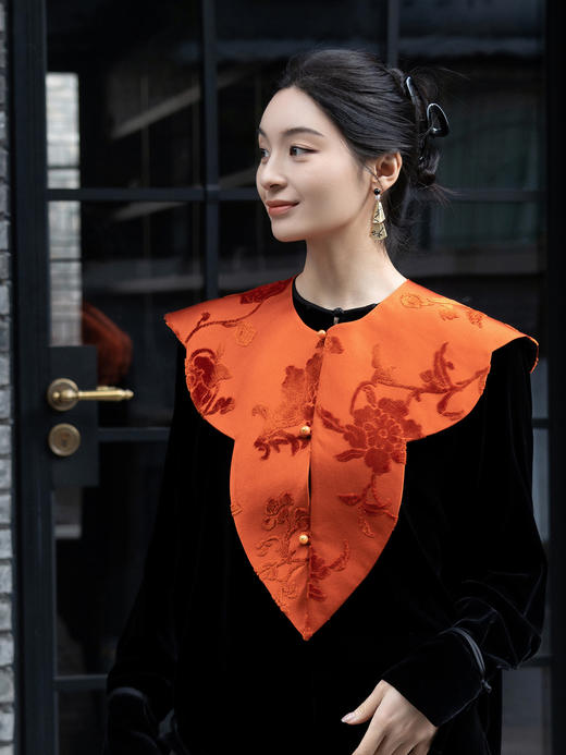 盛唐牡丹 | 柿子红真丝漳缎披肩 商品图0