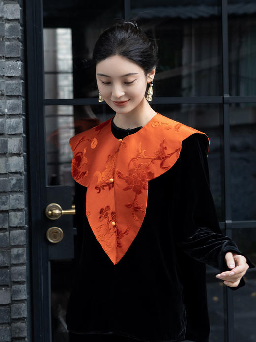 盛唐牡丹 | 柿子红真丝漳缎披肩 商品图2