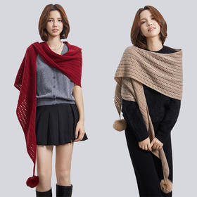 VogoPetite100%山羊绒獭兔毛球针织大三角围巾披肩 BP133F0001