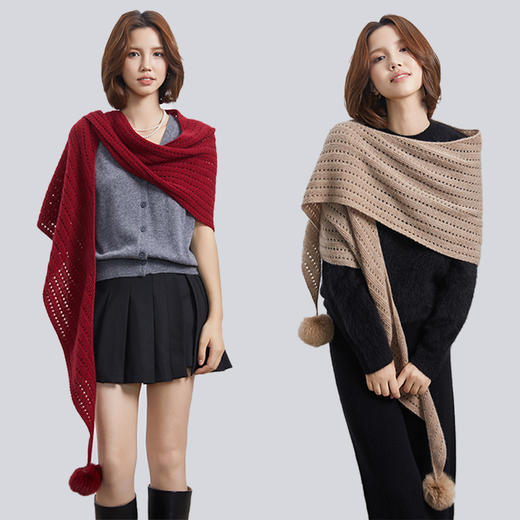 VogoPetite100%山羊绒獭兔毛球针织大三角围巾披肩 BP133F0001 商品图0