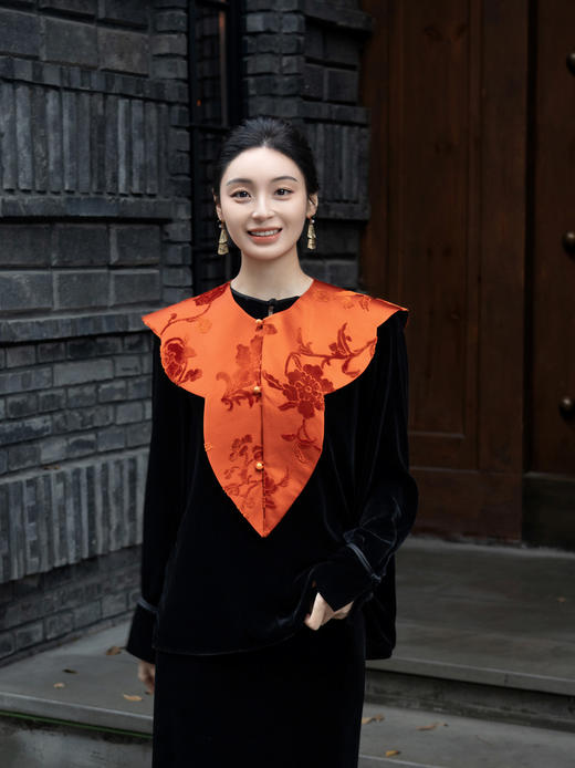 盛唐牡丹 | 柿子红真丝漳缎披肩 商品图3