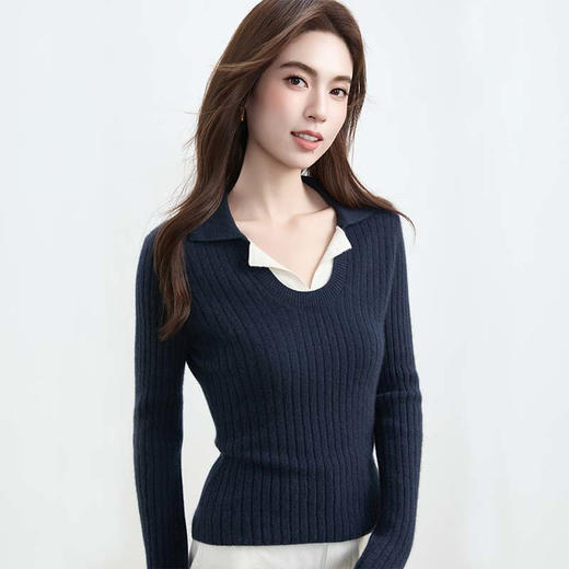 VogoPetite100%山羊绒 特殊领假两件撞色条纹上衣 BP141F1605 商品图2