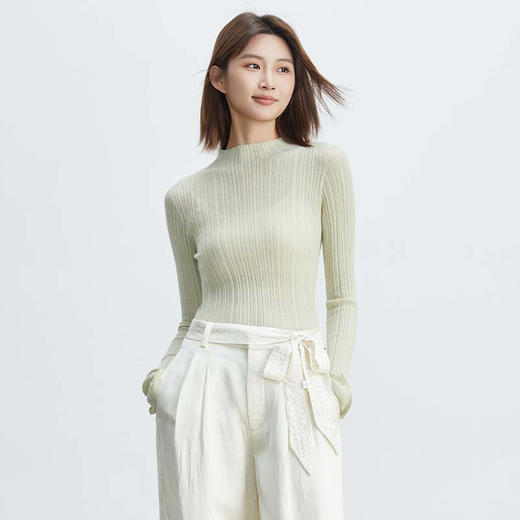 VogoPetite羊毛羊绒 精纺不规则坑条长袖打底衫 BP141D0008 商品图3