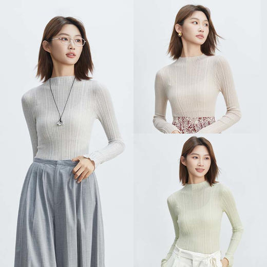 VogoPetite羊毛羊绒 精纺不规则坑条长袖打底衫 BP141D0008 商品图0