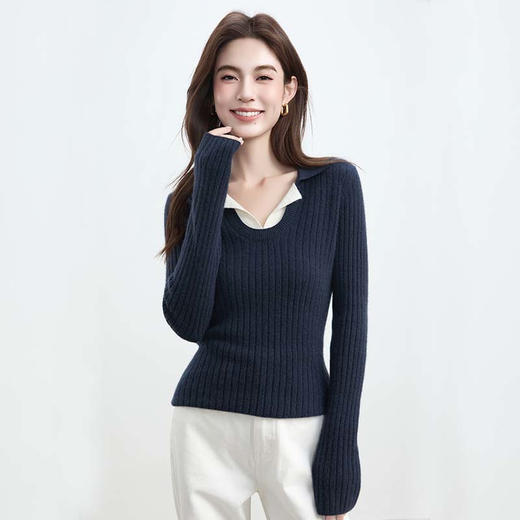 VogoPetite100%山羊绒 特殊领假两件撞色条纹上衣 BP141F1605 商品图1