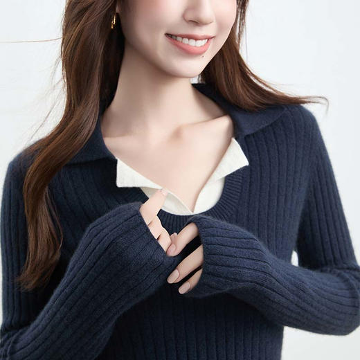 VogoPetite100%山羊绒 特殊领假两件撞色条纹上衣 BP141F1605 商品图3