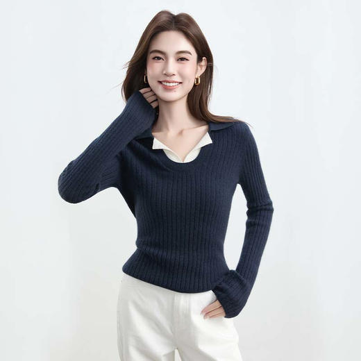 VogoPetite100%山羊绒 特殊领假两件撞色条纹上衣 BP141F1605 商品图0