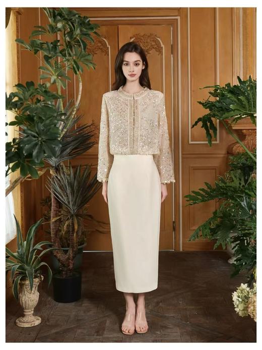 超高腰弧线杏色修身半裙 商品图0