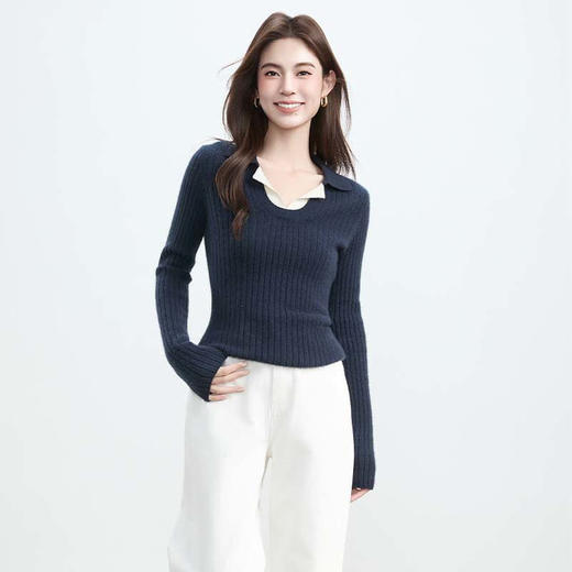 VogoPetite100%山羊绒 特殊领假两件撞色条纹上衣 BP141F1605 商品图4