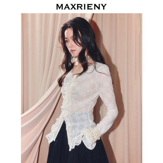 MAXRIENY法式复古羊毛针织衬衫25秋款蕾丝花边x型收腰上衣女(货号:MF86TP502) 商品图2