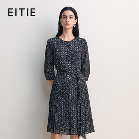 EITIE爱特爱圆领抽绳收腰字母印花图案设计优雅中长款连衣裙8507202