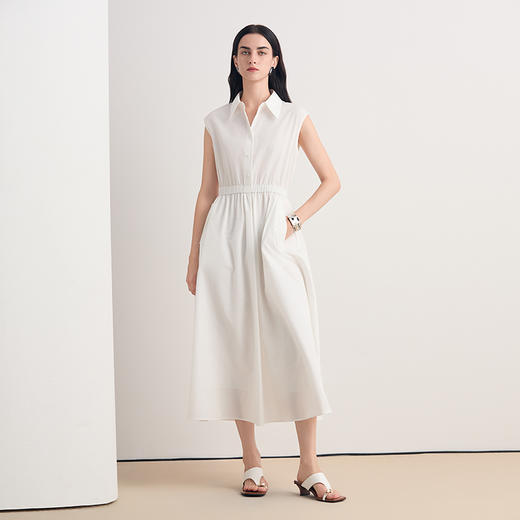 EITIE爱特爱衬衫式无袖收腰显瘦简约干练通勤白色连衣裙8607303 商品图2