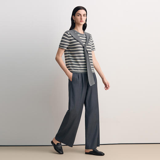 EITIE爱特爱短袖圆领套头净色飘带设计条纹减龄时尚针织衫8501207 商品图7