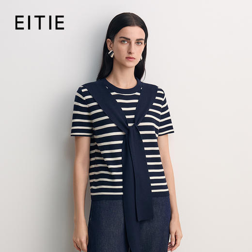 EITIE爱特爱短袖圆领套头净色飘带设计条纹减龄时尚针织衫8501207 商品图0