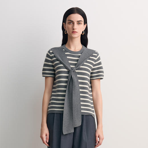 EITIE爱特爱短袖圆领套头净色飘带设计条纹减龄时尚针织衫8501207 商品图10