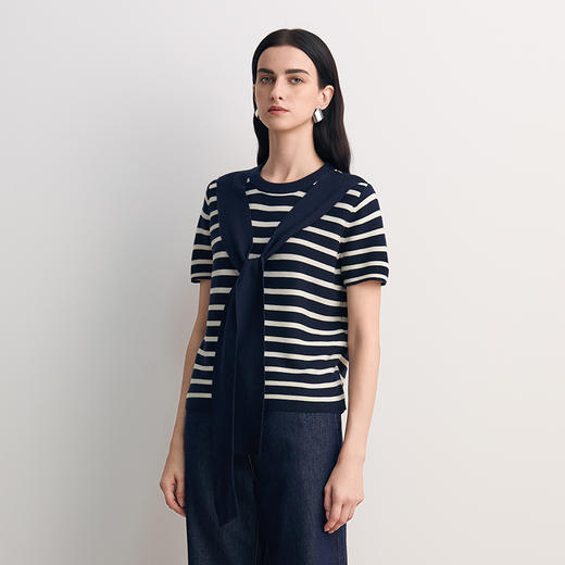 EITIE爱特爱短袖圆领套头净色飘带设计条纹减龄时尚针织衫8501207 商品图3