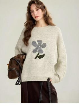 清了！清！不支持退货 自营【超美针织衫】M32韩系慵懒风花朵提花圆领套头百搭毛衣-喜出