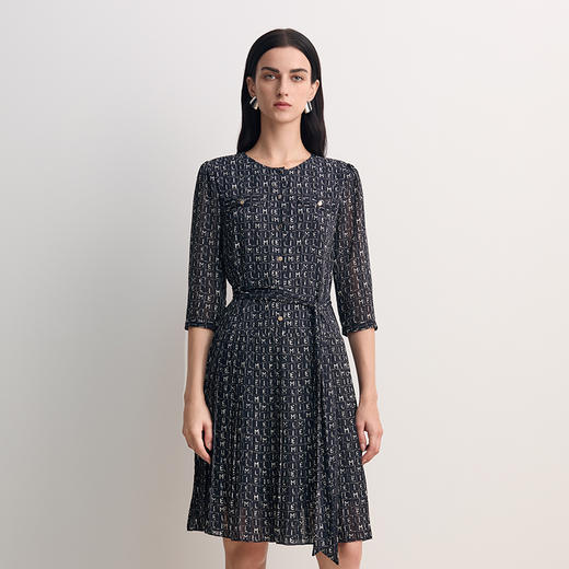 EITIE爱特爱圆领抽绳收腰字母印花图案设计优雅中长款连衣裙8507202 商品图5