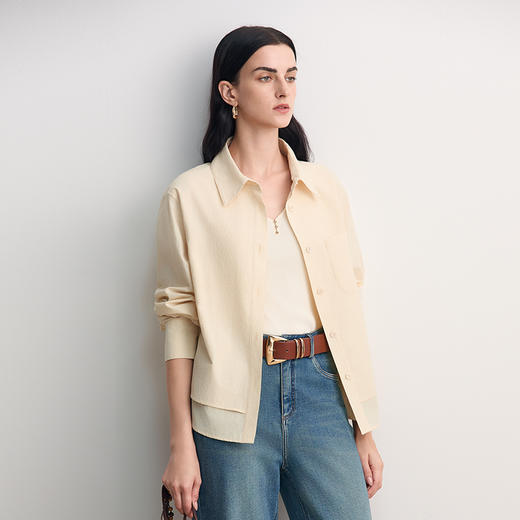 EITIE爱特爱翻领叠层设计羊腿袖型复古时尚直筒宽松衬衣8509202 商品图3