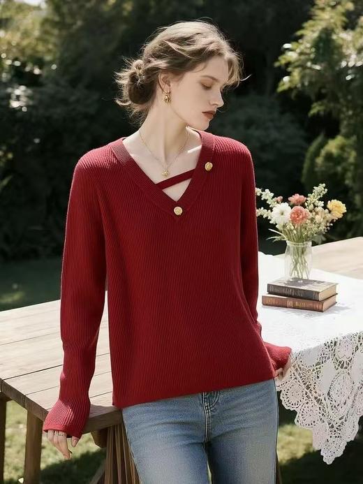 女王节抢购价-不支持退【极简毛衣】V领金扣～百搭气质针织弹力毛衫-喜出 商品图1