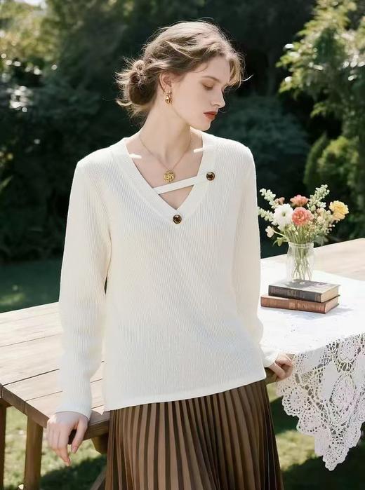 女王节抢购价-不支持退【极简毛衣】V领金扣～百搭气质针织弹力毛衫-喜出 商品图0