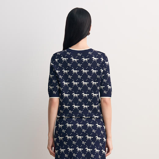 EITIE爱特爱圆领套头短袖全生肖马和字母图案提花设计感针织衫8501208 商品图4