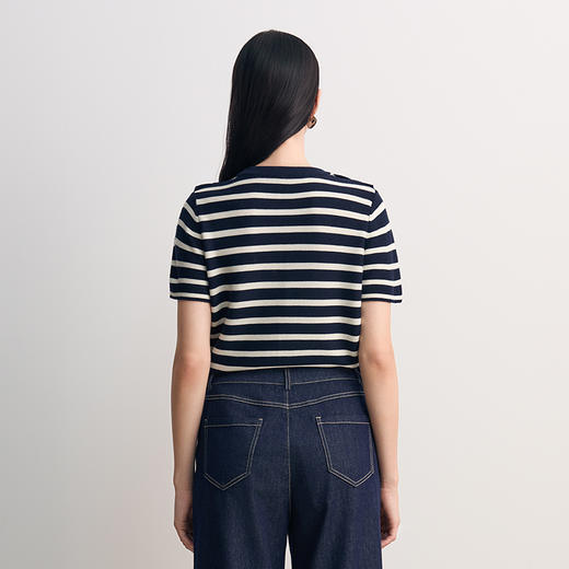 EITIE爱特爱短袖圆领套头净色飘带设计条纹减龄时尚针织衫8501207 商品图6