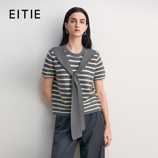 EITIE爱特爱短袖圆领套头净色飘带设计条纹减龄时尚针织衫8501207 商品图1