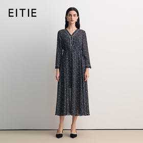 EITIE爱特爱V领抽绳收腰字母印花图案设计优雅长款连衣裙8507201