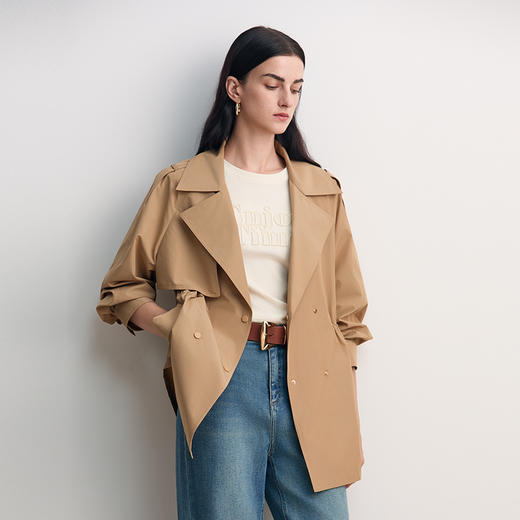 EITIE爱特爱单片挡风片不对称设计收腰显瘦英伦风中长款风衣8504203 商品图2