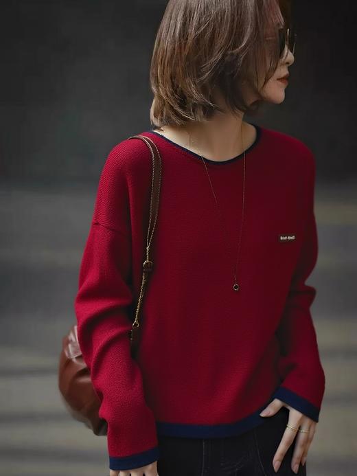 跨年福利【超美针织衫】M28一字领红色氛围感宽松撞色毛衣-喜出 商品图1
