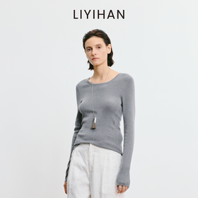 LIYIHAN 2026春新款醋酸羊绒圆领灰色打底针织衫女毛衣小众设计感