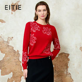 EITIE爱特爱春季新款时尚休闲宽松印花圆领舒适显瘦针织衫毛衣8101801