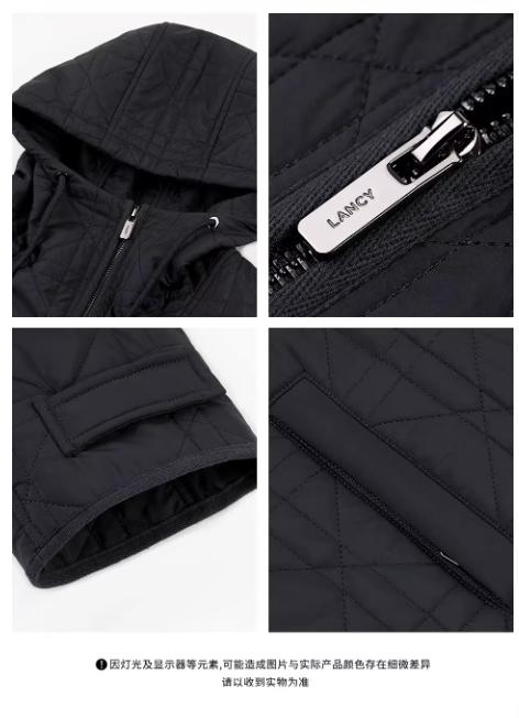 朗姿 简约休闲连帽羊毛短款棉服双向拉链外套LCGD98PHC001 商品图6