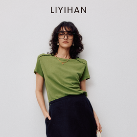 LIYIHAN2026春季新款通勤休闲刺绣T恤绿色圆领短袖小众设计感上衣