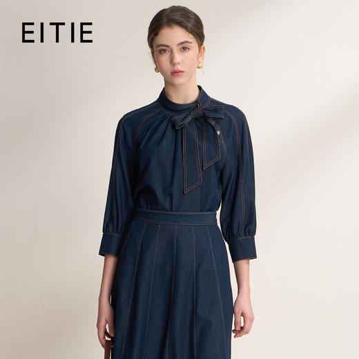 EITIE爱特爱蝴蝶结气质圆领时尚仿牛仔宽松显瘦2026春季新款小上衣A2613115 商品图1