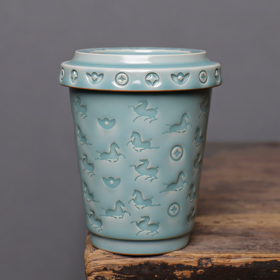 清新中式陶瓷咖啡杯绿色浮雕马上有钱纹装饰家用杯子新年礼物本土斋奔马纹青瓷可乐杯