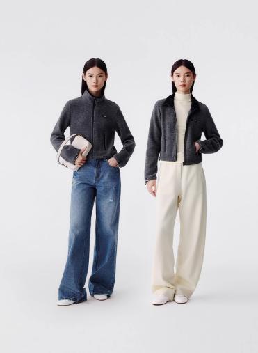 朗姿 休闲针织短外套女翻领拼色抽绳上衣LCGD98JJP001 商品图1