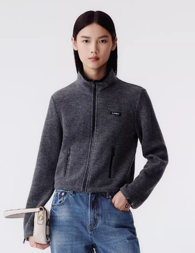 朗姿 休闲针织短外套女翻领拼色抽绳上衣LCGD98JJP001