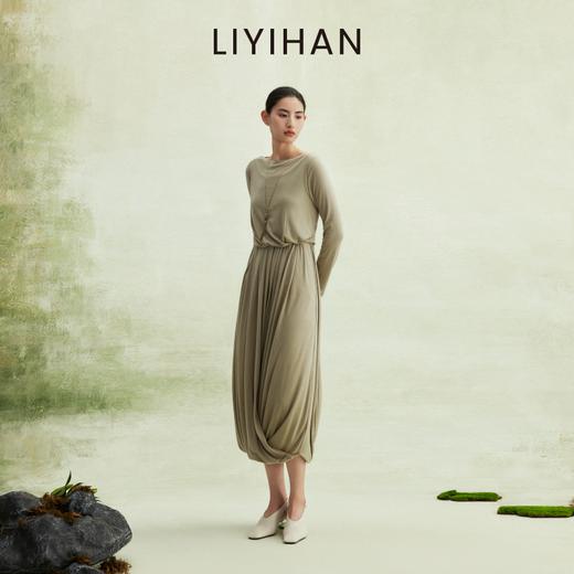 LIYIHAN 2026春新款法式天丝羊毛连衣裙女绿色长袖裙子小众设计感 商品图2