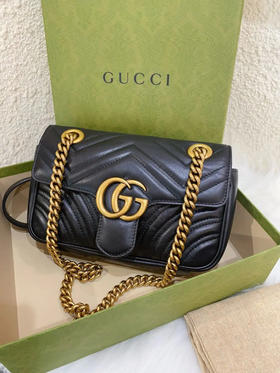 Gucci 马蒙 小号 黑金 牛皮 双g 链条包