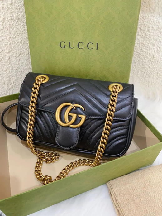 Gucci 马蒙 小号 黑金 牛皮 双g 链条包 商品图0