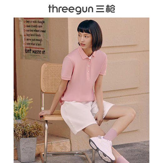 Threegun三枪 【丝柔棉珠地网眼】翻领商务休闲女士短袖T恤POLO衫-10500A011 商品图1