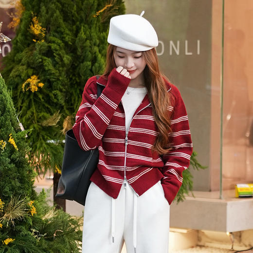 【特价不退换】【预售7天】良木礼条纹拉链开衫（2686F） 商品图4