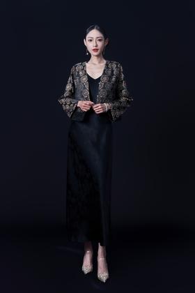 荷言HEYEN 迟溪 大运锦桑蚕丝落肩外套编织V领 下摆网纱覆菱格 琵琶盘扣+珍珠扣