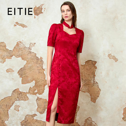 EITIE爱特爱挂脖方领复古开叉暗纹新中式旗袍连衣裙春季新款8177802 商品图0