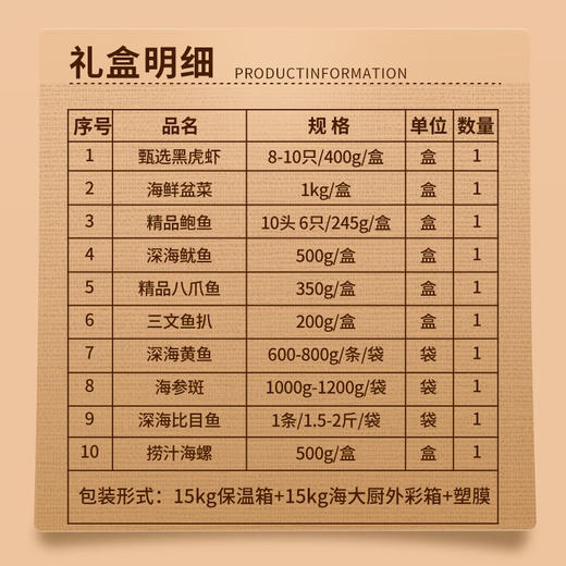 【直送到家】海大厨海鲜礼盒A3三星照福5545g 年货送礼 含黑虎虾鲍鱼海鲜盆菜10种10斤 商品图2