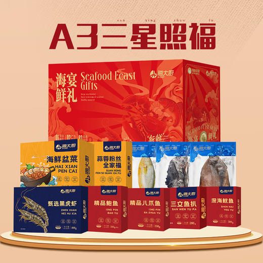 【直送到家】海大厨海鲜礼盒A3三星照福5545g 年货送礼 含黑虎虾鲍鱼海鲜盆菜10种10斤 商品图1