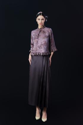 荷言HEYEN 楼上曲 立领A字形喇叭袖桑蚕丝上衣 荷叶边下摆+袖口