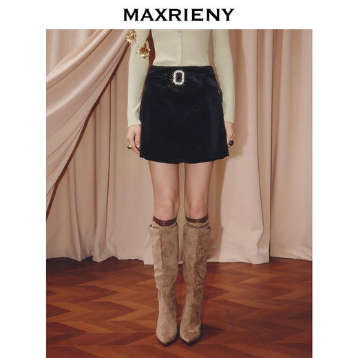 MAXRIENY法式复古丝绒短裙25冬季新款慵懒感穿搭a字修身高腰半裙(货号:MS86SK521) 商品图2